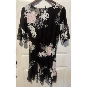 Floral Dress Black Pink & White‎ Women's Short Sleeve Ruffle Tie Waist Large